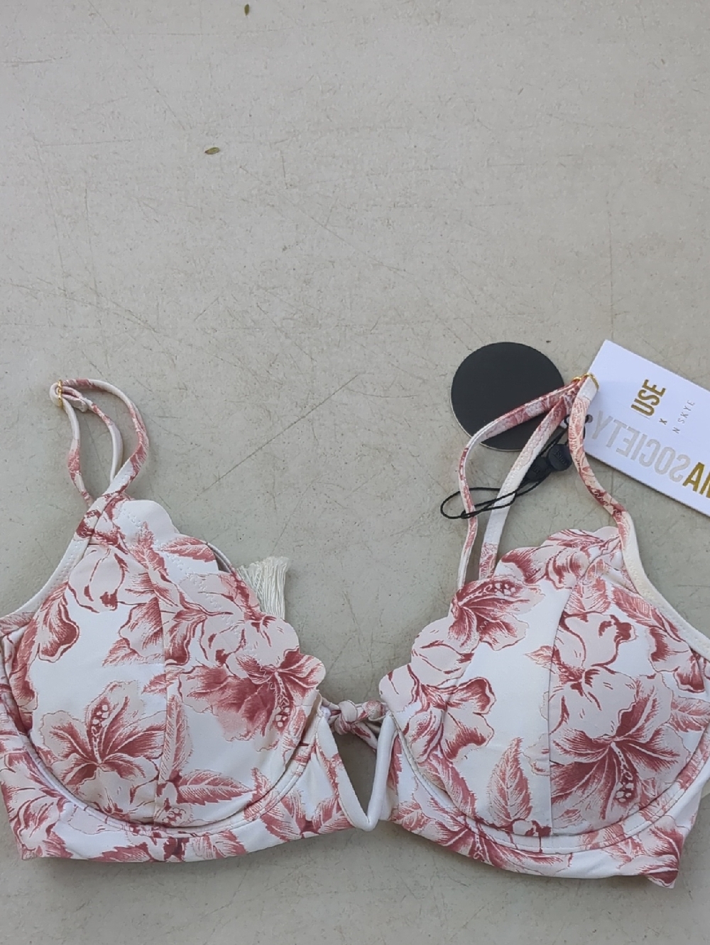 Flynn Skye White Bikini Top with Rose Floral Print Accents